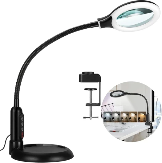 10X Magnifying Glass with Light and Clamp, 5 Color Modes Stepless Dimmable Lighted Magnifier with Stand, Flexible Gooseneck LED Desk Lamp Hands Free for Craft Reading Painting Hobby Close Work Black 10X