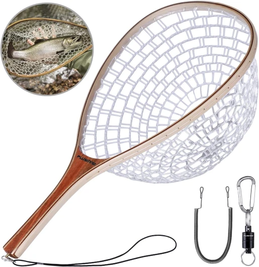 Fly Fishing Net, Wooden Frame Fishing Landing Net with Magnetic Release, Soft Rubber Mesh Net for Trout Bass Catch and Release, Magnetic Fly Fishing Gear Straight Handle
