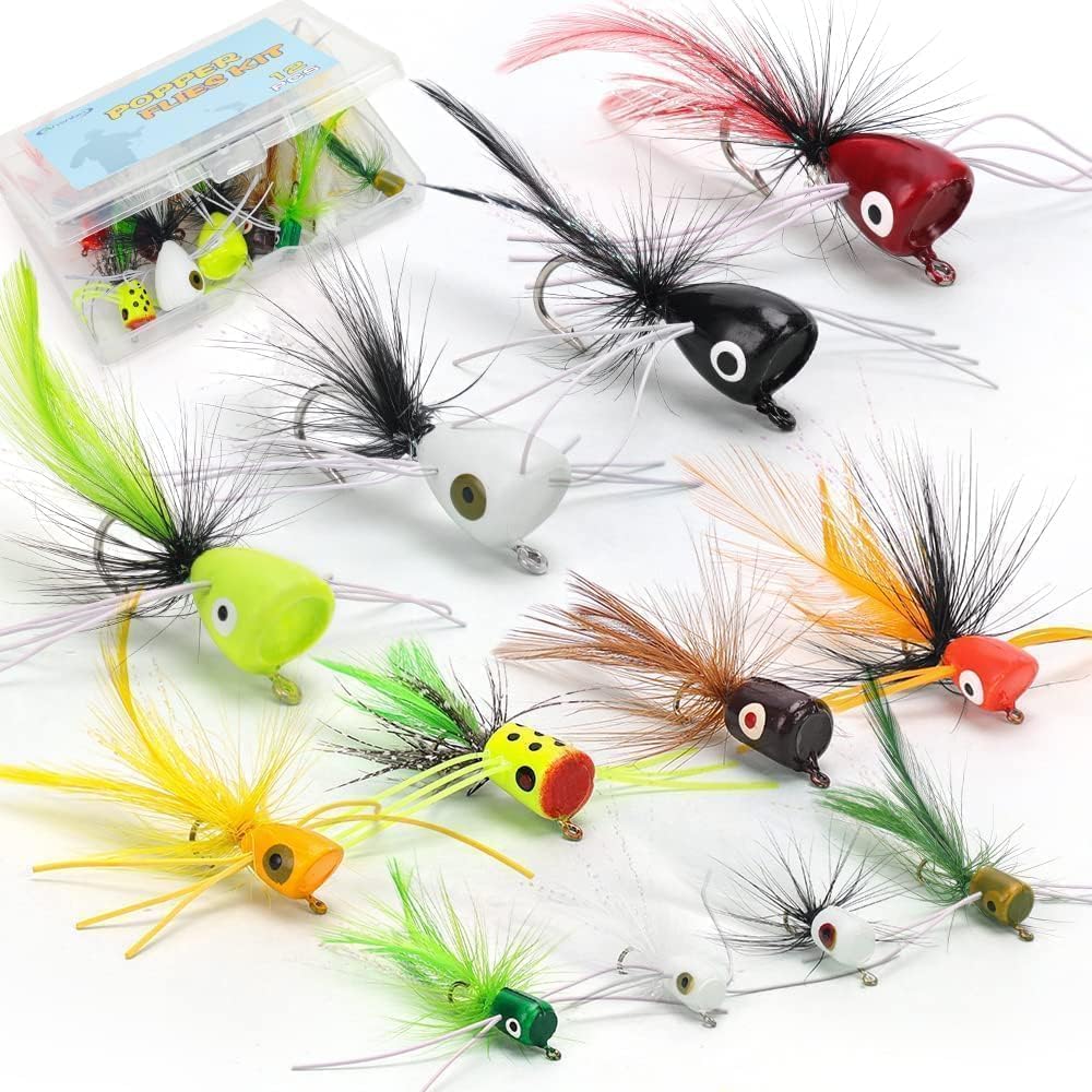 Fly Fishing Poppers Flies, Fly Popper Lures Bass Bluegill Crappie Trout Salmon Panfish Perch Popper Flies Kit for Fly Fishing 12pcs 3 Size Popper Flies