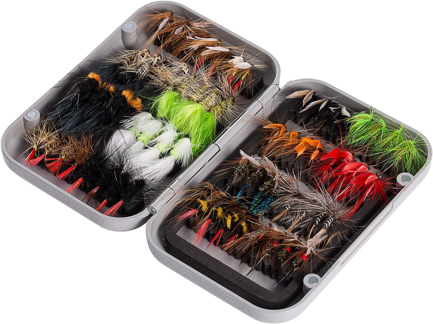 Fly Fishing Assorted Flies Kit, Pack of 64 pcs Including Dry and Wet Flies, Nymphs, Streamers, Terrestrials, Leeches and More, with Magnetic Fly Box