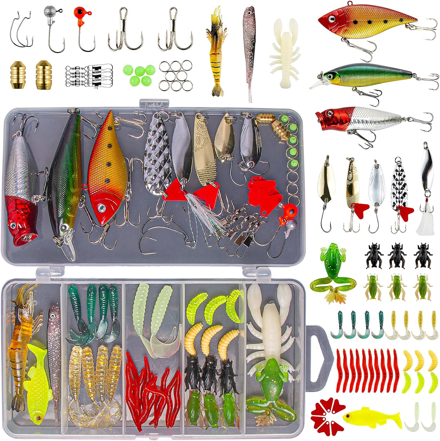 Fishing Lures Kit for Freshwater Bait Tackle Kit for Bass Trout Salmon Fishing Accessories Tackle Box Including Spoon Lures Soft Plastic Worms Gifts for Men 78pcs