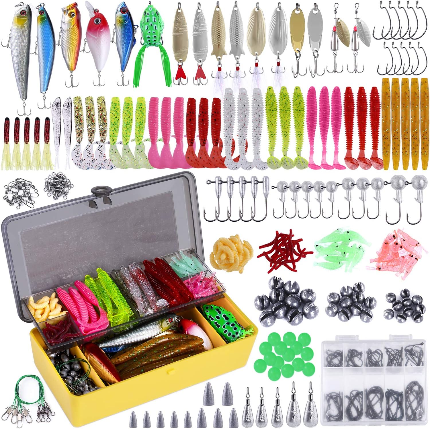 Fishing Lures Baits Tackle Including Crankbaits, Spinnerbaits, Plastic Worms, Jigs, Topwater Lures, Tackle Box and More Fishing Gear Lures Kit Set, 102/302Pcs Fishing Lure Tackle 302Pcs Fishing Lures Kit