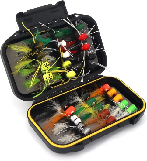 Fly Fishing Flies Assortment Kit Dry Wet Nyphms Tenkara Popper Streamer Woolly Bugger for Trout Bass Salmon Steelhead with Fly Box