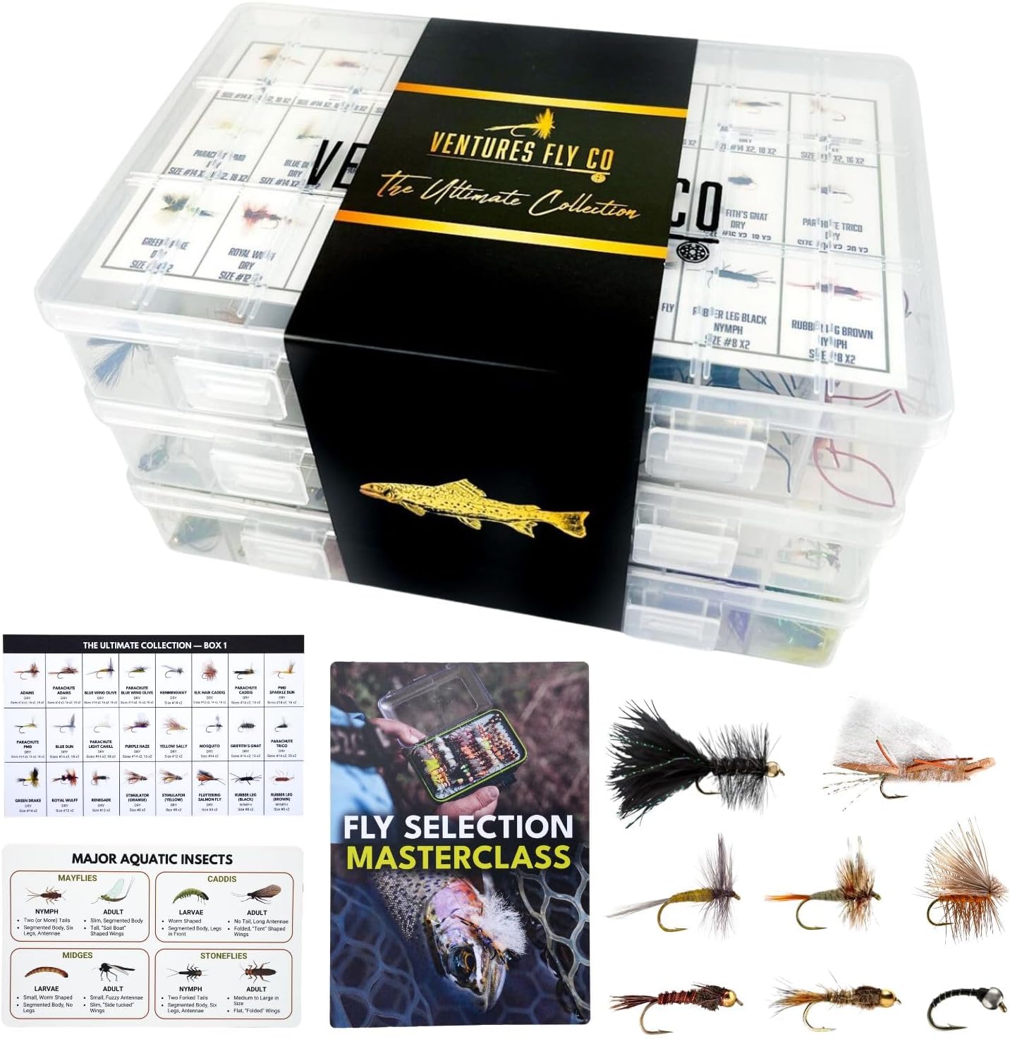 200 Premium Hand Tied Fly Fishing Flies Assortment - Three Fly Boxes Included - Dry, Wet, Nymphs, Streamers, Wooly Buggers, Terrestrials - Trout, Bass Lure Set, Kit