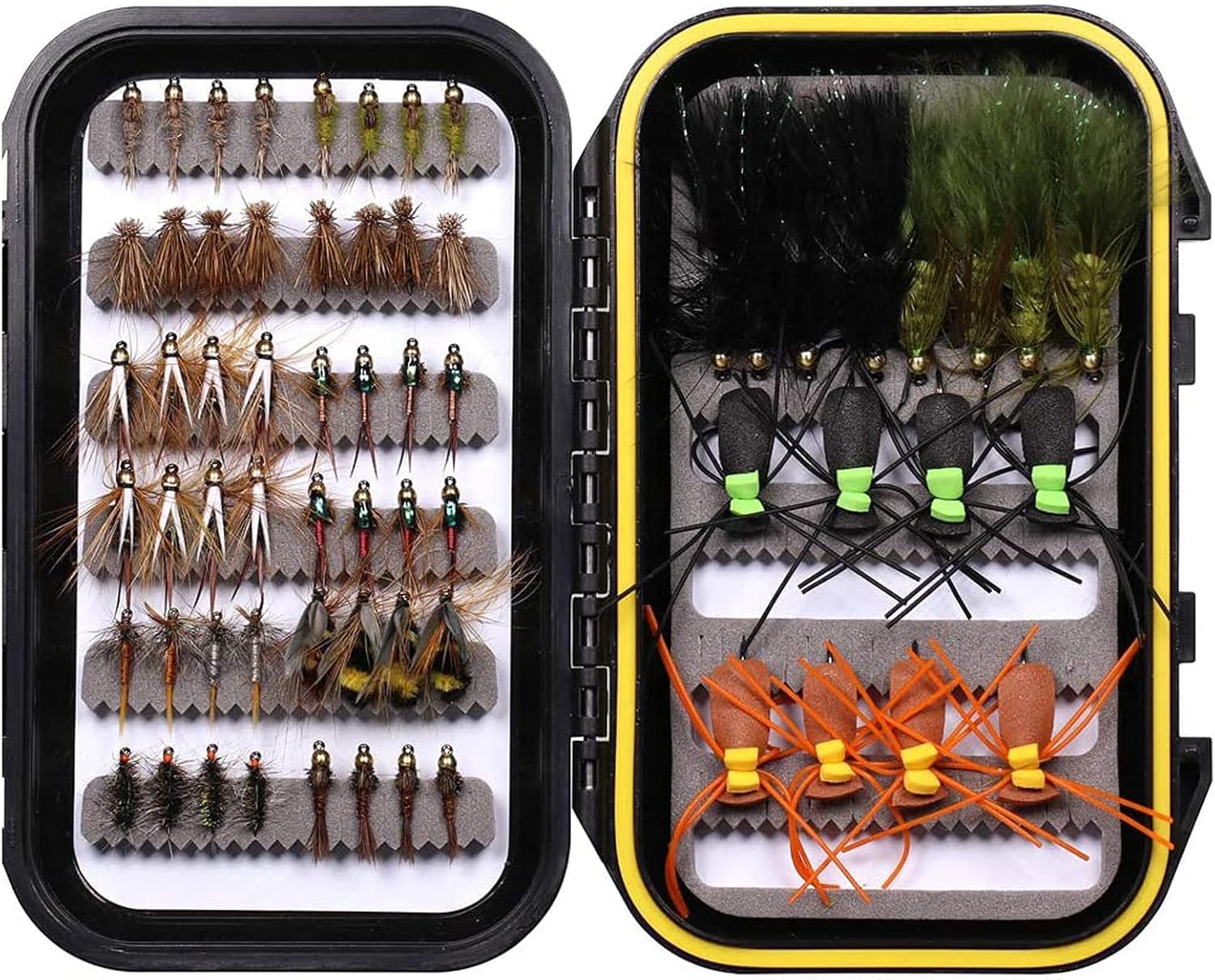 Fly Fishing Flies Assortment with Waterproof Fly Box, 28/40/64/92/120pcs Dry/Wet/Nymph/Streamer Flies, Trout/Bass/Panfish/Salmon Fishing Flies 64 pcs flies kit+fly box
