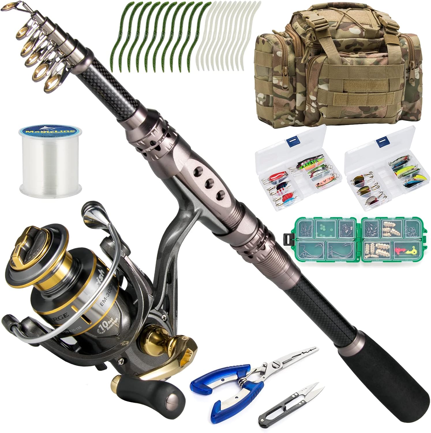 Dr.Fish Fishing Rod and Reel Combos 125-Pieces Telescopic Spinning Pole Reel Gear Equipment Set for Adult Collapsible Travel Complete Fishing Sets Men Starter Freshwater Saltwater 7.9ft Rod, 3000 Reel, Camo Bag+Full Kit