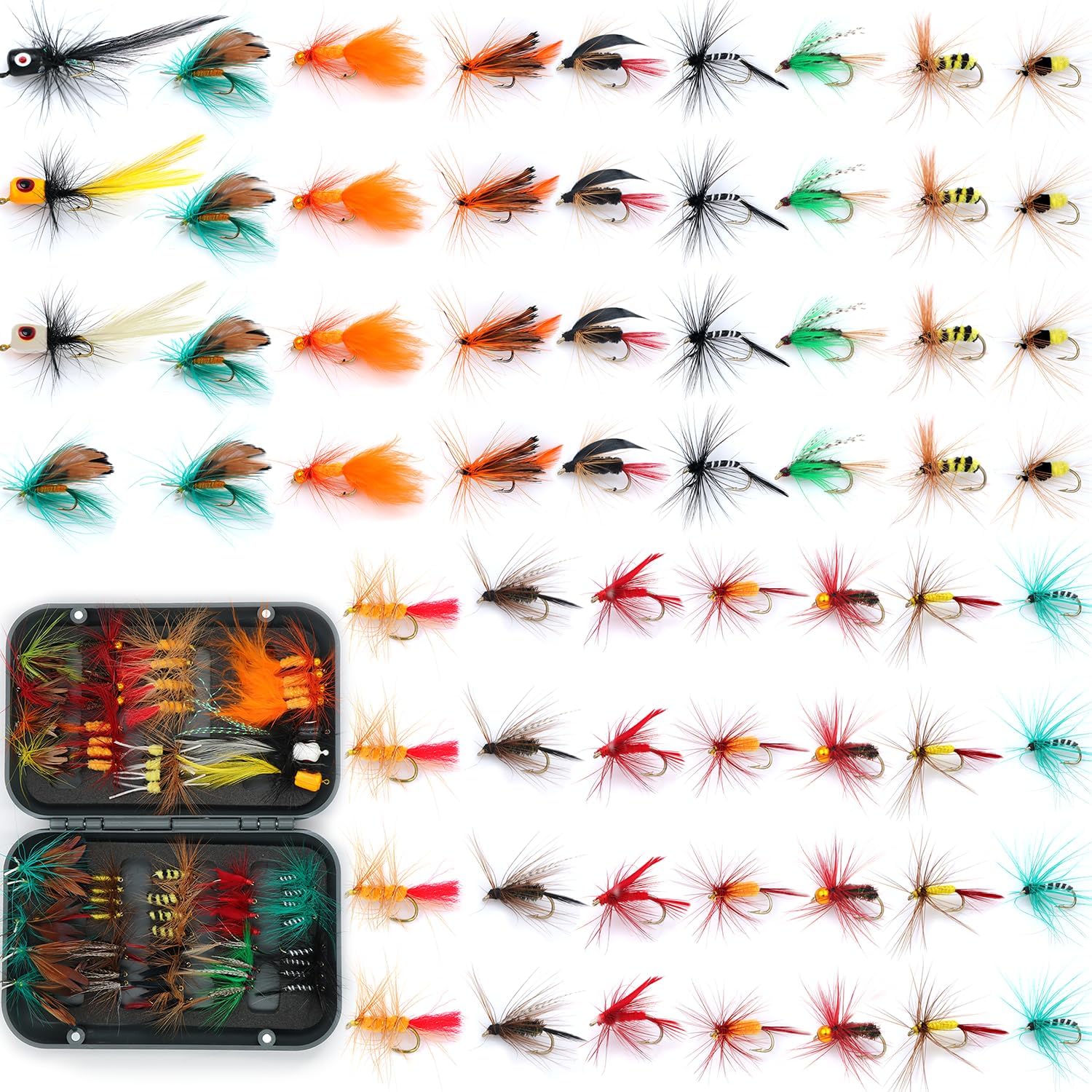 𝗘𝗫𝗔𝗨𝗥𝗔𝗙𝗘𝗟𝗜𝗦 Fishing Gear Fishing Lure 64/100/120PCS Flying Flies kit Dry Wet Flies Tackle Box Fly FishingLures for Bass Salmon Trout Freshwater Walleye Steelhead Bonefish Tarpon Saltwater 64 pcs