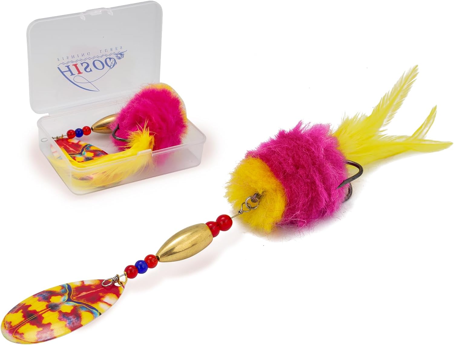 Pike Musky Walleye Fishing Lure Spinnerbait with Feathered Hooks Rooster Tail Fishing Lures Spoon Lures Baits with Tackle Box Style A-Red