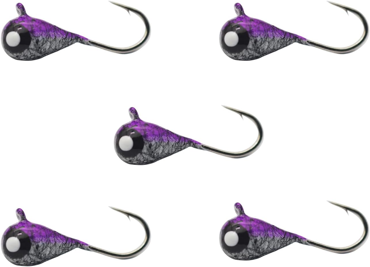 Tungsten Ice Fishing Jig Set Ice Fishing Lures, Max Sensitive Tungsten Tear Drop Ice Jig Head Hook for Panfish, Crappie, Walleye, Perch, Trout, Bluegill Purple BLK Filament Glow 4MM, 1/25 OZ