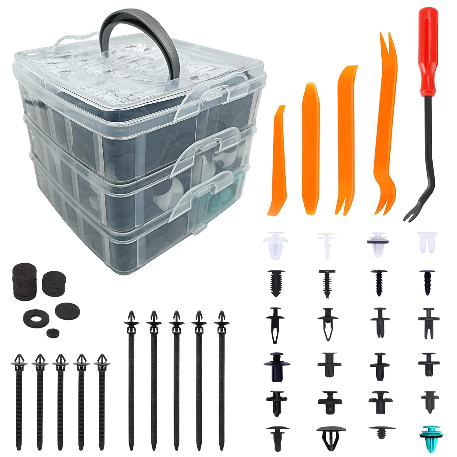 845Pcs Car Retainer Clips, Bumper Fender Plastic Rivet,16 Most Popular Sizes Nylon Push Pin Set, Auto Body Door Panel Fastener Trim Remover Kit for Toyota GM Ford Honda Acura Chrysler