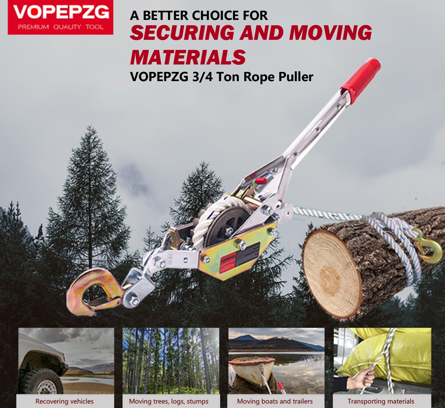 Rope Puller 3/4 Ton Capacity with 100' of 0.6" Dia - Rope, Come Along Winch, Come Along Puller for Tree Felling, Moving Boats and Trailers, Securing Materials 100FT