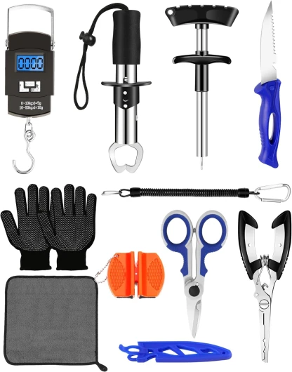 Fishing Tool Kit - Fishing Pliers, Hook Remover, Fish Gripper，Fish Scale, Fish Knife, Saltwater Fishing Gear with Sharpeners, Best Gifts for Men Orange with scale
