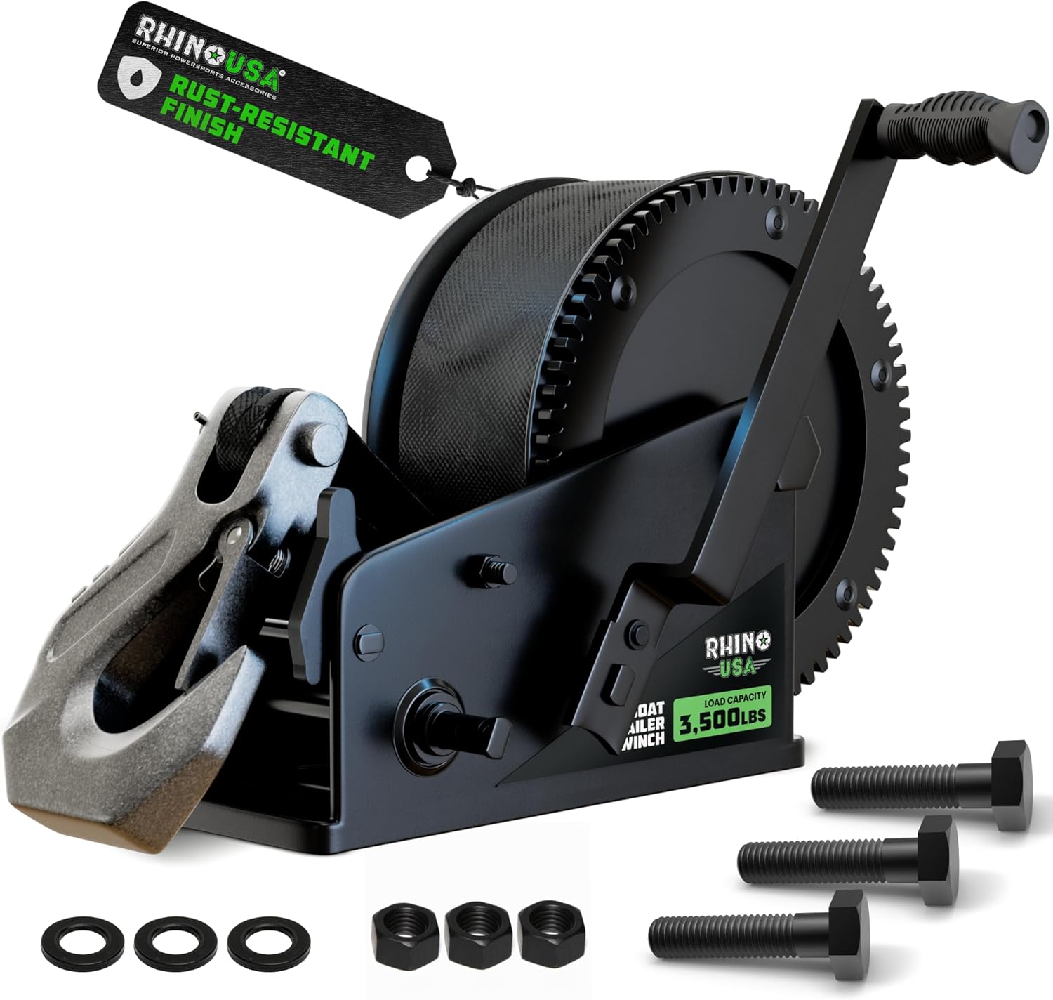 Heavy-Duty Boat Trailer Winch with Crank Handle – Boat Winch Strap with Hook – Corrosion-Resistant – Ideal Boat Accessories for Bass Boat, Jet Ski, Pontoon Boat