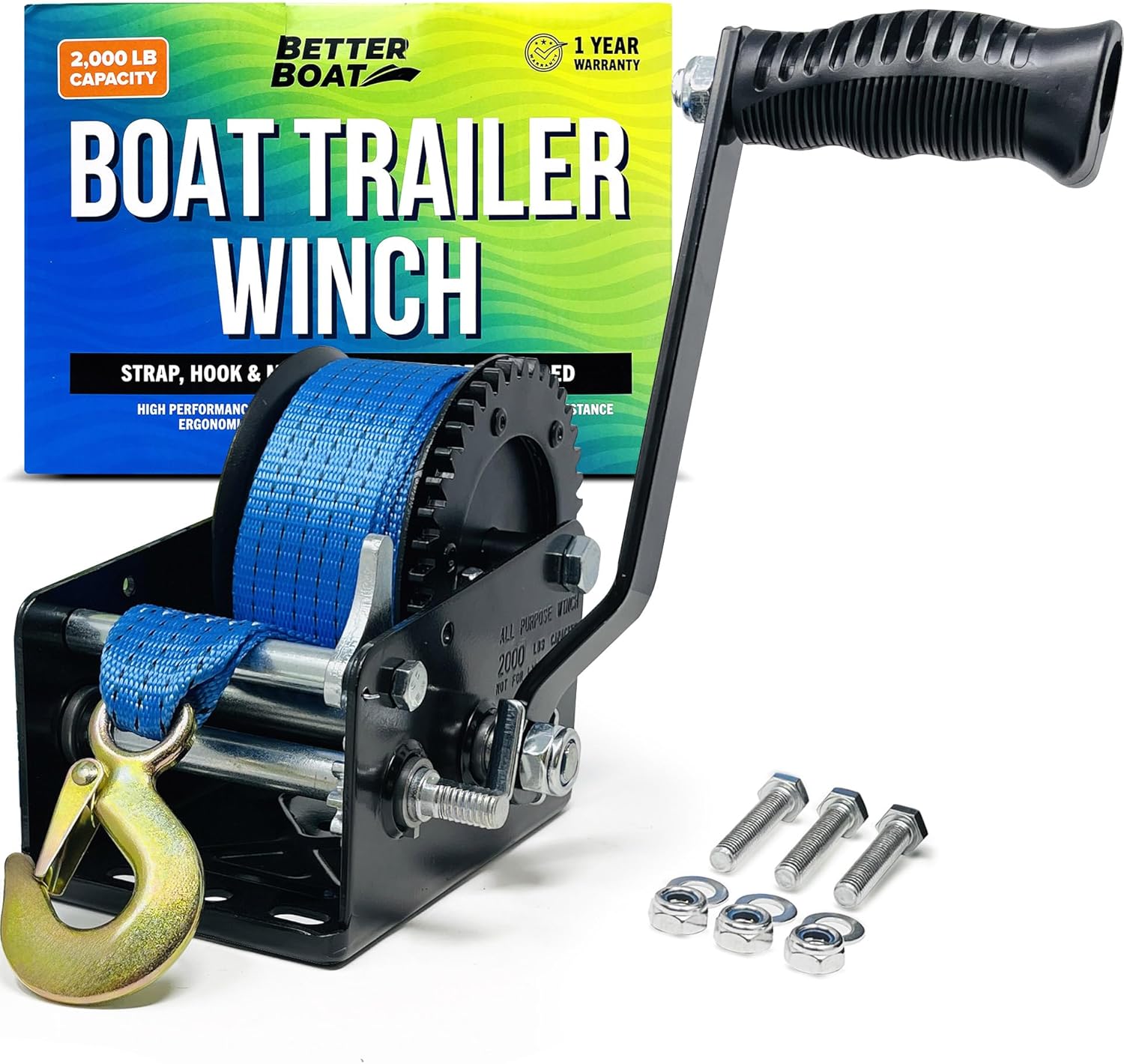 Boat Trailer Winch with Strap and Hook, Manual Hand Crank Winch, Heavy Duty One-Speed Ratchet Gear, for Pulling Boat Parts, Trailers, Car, or Truck Towing 2000 lbs
