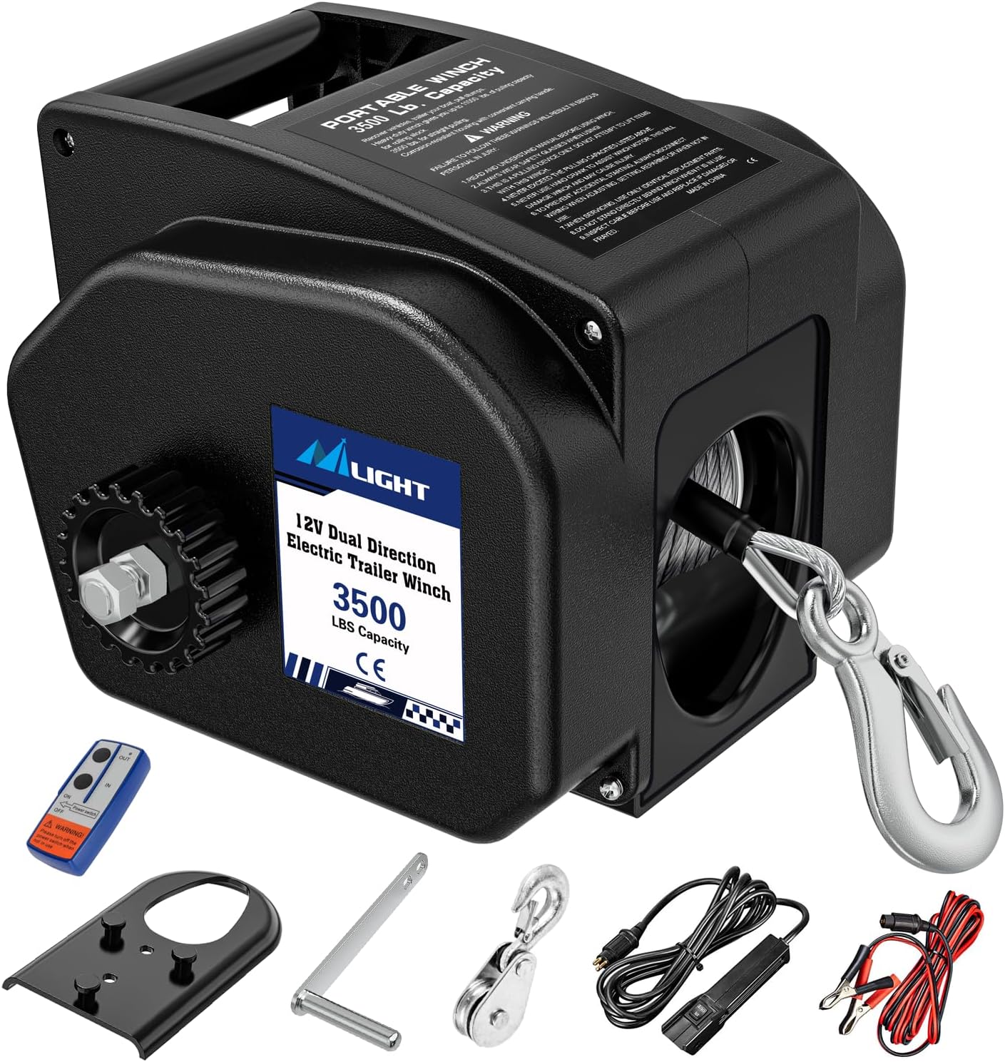 Boat Trailer Winch 3500 lbs Portable Electric Boat Winches 12 V DC Marine Winch with Remote Control and Hand Crank Power-in Freewheel Operation Waterproof Reversible Winch for Boat Trailer