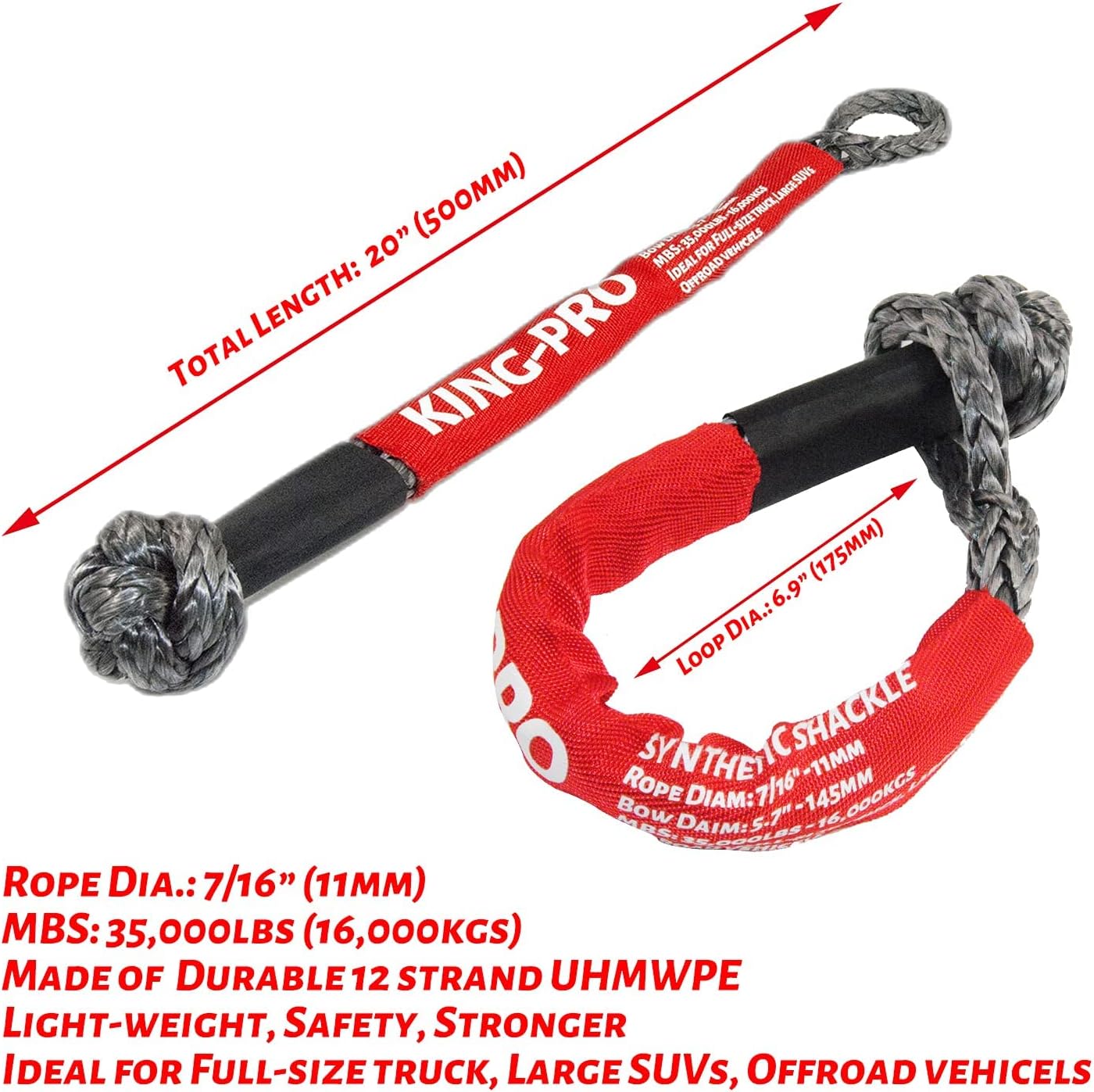 KING-PRO Synthetic Shackle 7/16"x20" Soft Shackle 35,000lbs Breaking Strength Recovery Soft Shackle with Protective Sleeves for Full-Size Truck Large SUVs Offroad Vehicels 2-Pack (Red-Gray) 7/16"x20" RED-GRAY