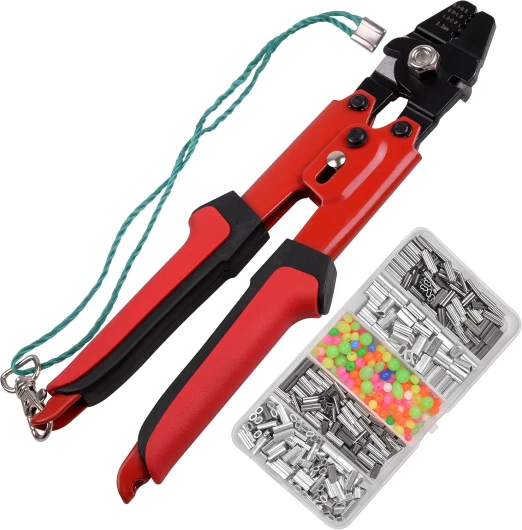 Fishing Crimping Tool Kit, Fishing Crimping Pliers with Fishing Crimp Sleeves Beads Kit Wire Rope Crimper Pliers 500pcs Aluminum Copper Crimp Sleeves,4 Crimping Sizes High-carbon Steel Crimper Plier + 500pcs Sleeves