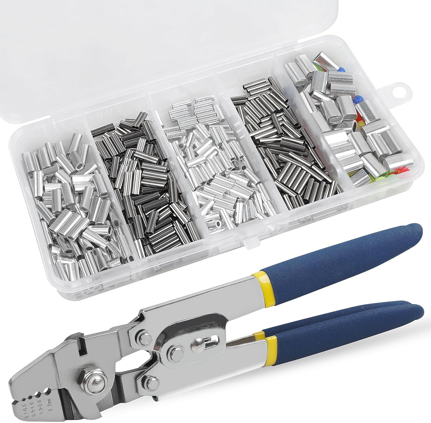 Fishing Crimping Tool Kit,Stainless Steel Fishing Crimping Pliers Wire Rope Crimping Tool with 430pcs 5 Sizes Aluminum Copper Barrel Crimp Sleeves Beads Set,4 Crimping Sizes