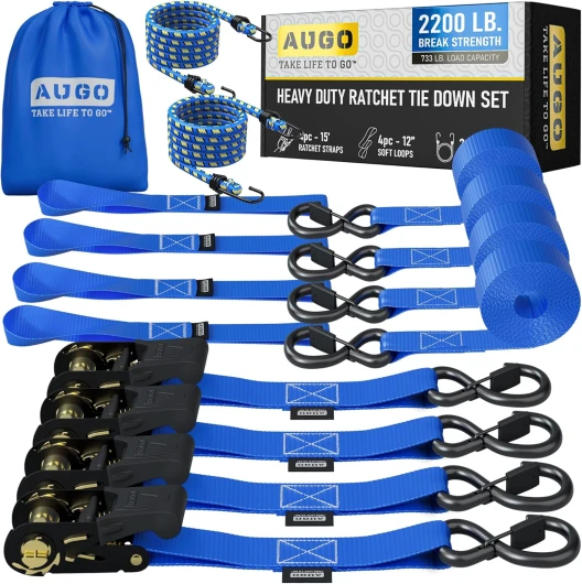 Ratchet Straps Heavy Duty 4 Pack -15 FT - 2200 LB Break Strength – with Safety Lock S Hooks - Cargo Straps for Moving, Appliances, Motorcycle – Soft Loop Tie Down Straps 2200 lb - 15ft Blue
