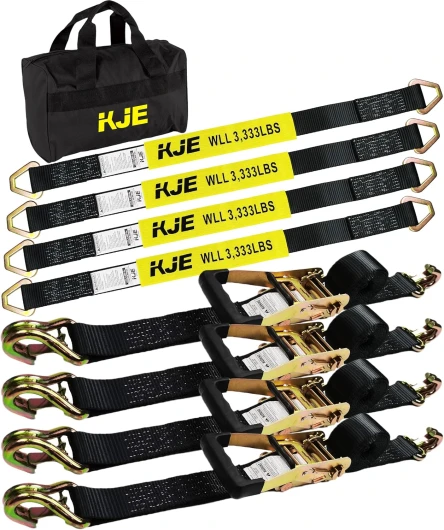 Heavy Duty Car Trailer Tie Down Straps 4 Pack Kit - 2" x 8' Ratchet Straps + J-Hooks with Clip, 2" x 36'' Axle Straps - 10,000lbs Break Strength - Use for Car, Truck, UTV Transport