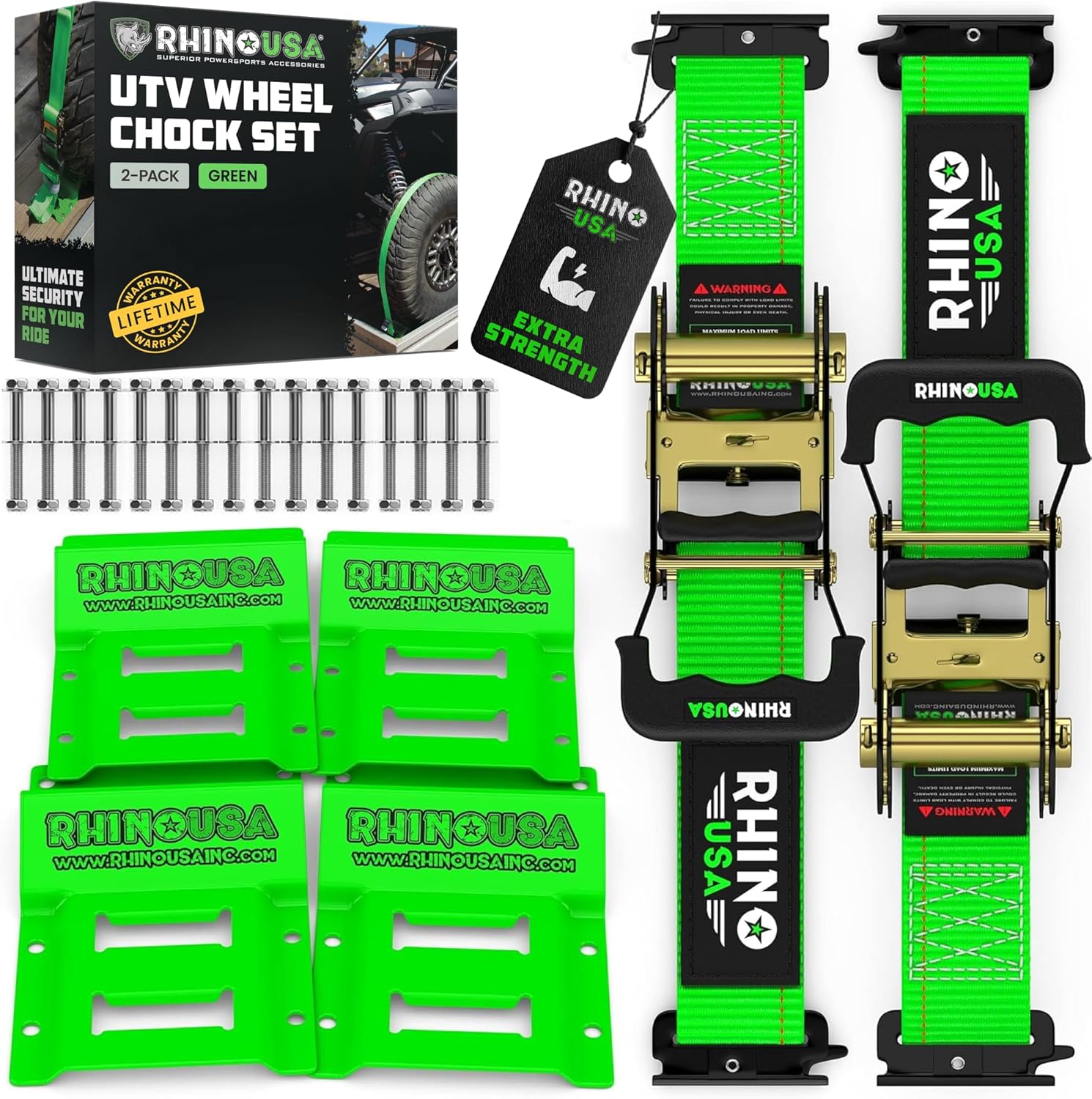 Wheel Chock Tie Down Kit (4,500lb Break Strength) (2) Heavy Duty Trailer Tire Ratchet Straps (4) Wheel Chocks - E Track System for ATV, UTV, Lawn Mower, Four Wheeler - Green Green 2-Wheel Chock Set