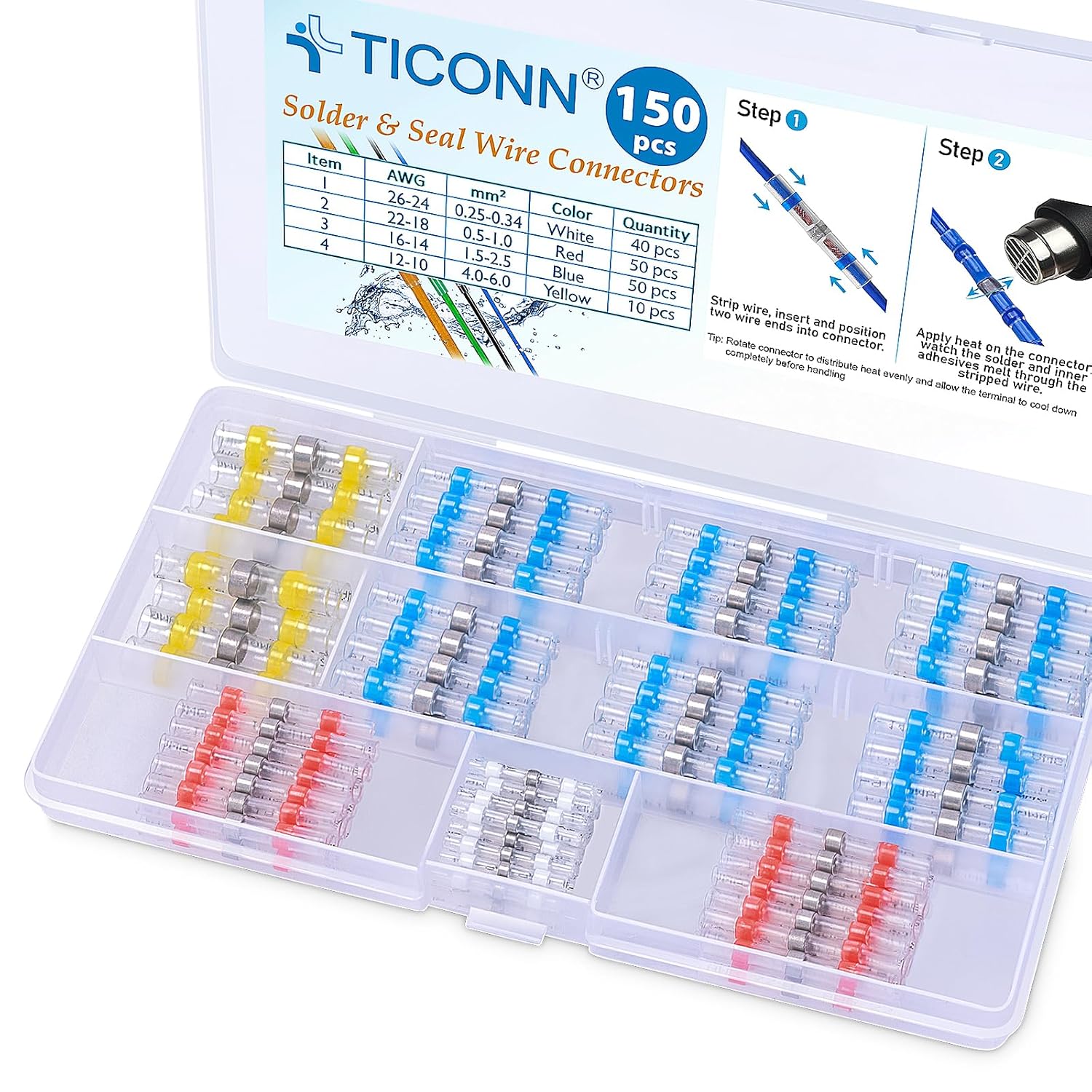 150 PCS Solder Seal Wire Connectors, Heat Shrink Butt Connectors, Waterproof and Insulated Electrical Wire Terminals, Butt Splice (150PCS)