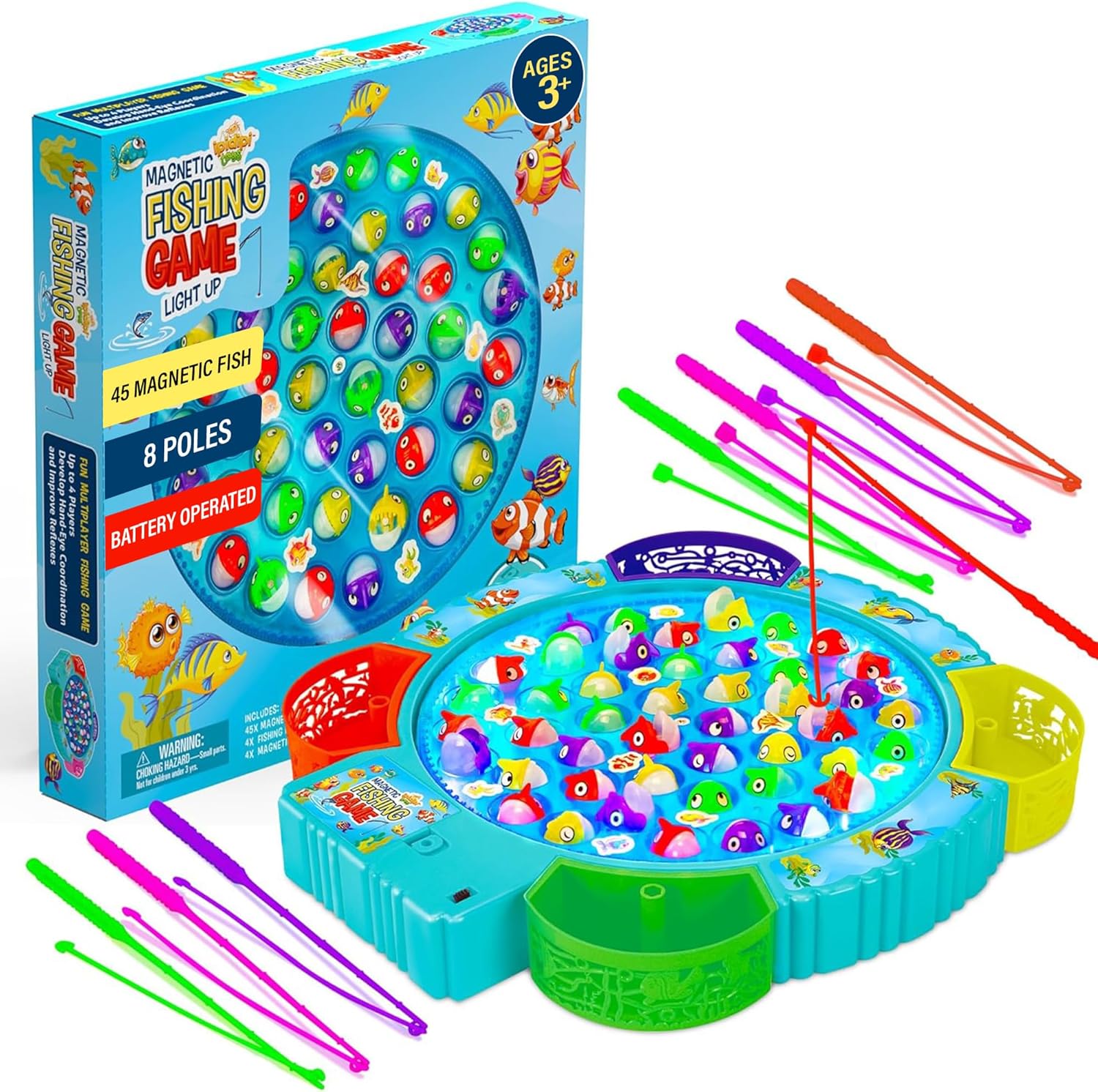 Fishing Game for Kids - Magnetic Fishing Set for Toddlers - Rotating Fish Board with Music, Educational, Fine Motor Skill Activity for Boys and Girls - 45 Fish, 8 Poles Classic