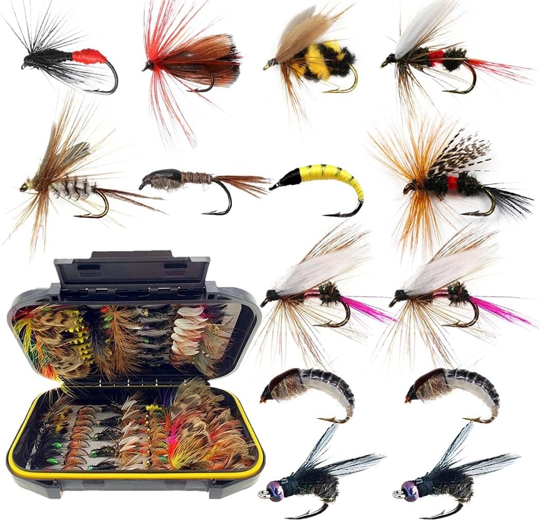 Fly Fishing Flies Kit, 50/114Pcs Handmade Fly Fishing Gear with Dry/Wet Flies, Streamers, Fly Assortment Trout Bass Fishing with Fly Box (114Pcs/Set-11 Mixed Styles)