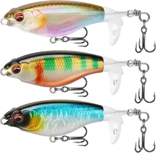 TRUSCEND Leurres Flottants Topwater Leurre de Pêche, Surface Appât Plopper avec Queue Pivotante Flottante, Leurres de Traîne pour d'eau Douce et d'eau Salée, Cadeaux de pêche pour Hommes