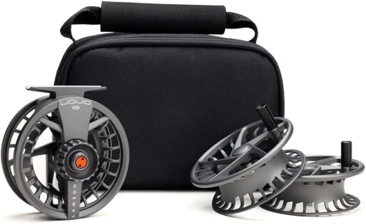 Liquid S-Series Fly Fishing Reel 3 Pack - All-Water - 1 Reel & 2 Bonus Spools + Carrying Case - Large Arbor, Powerful Sealed Drag, Pressure Cast Aluminum SMOKE -5+