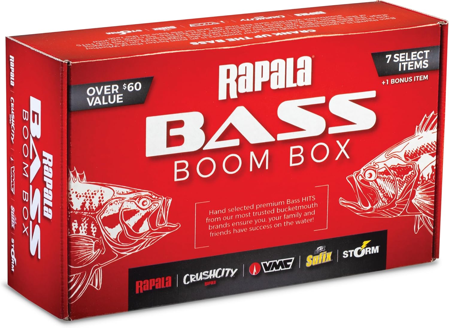Bass Boom Box, Curated Bass Lure Selection Includes Seven Hand-Picked bass Lures Plus one Bonus Item, Featuring top Brands Like Rapala, VMC, Crush City, Sufix, and Storm
