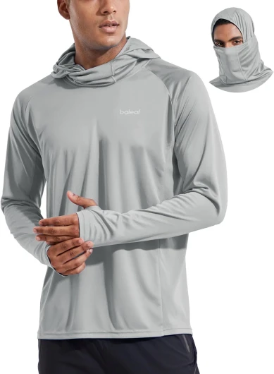 Men's Sun Protection Hoodie Shirt UPF 50+ Long Sleeve UV SPF T-Shirts with Mask Rash Guard Fishing Lightweight 01-gray Small