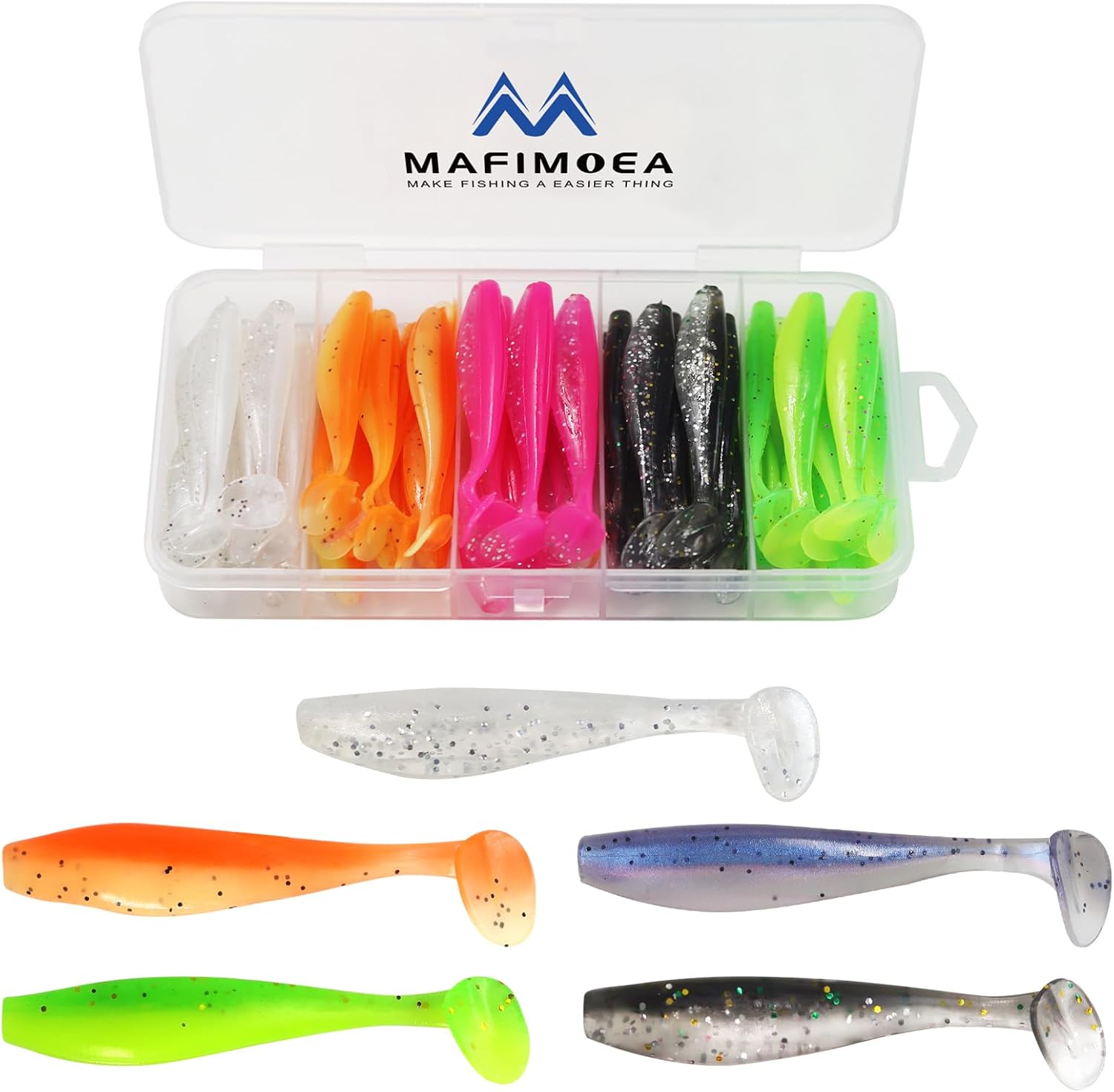 MAFIMOEA 50 Pcs Soft Fishing Lures Plastic Paddle Tail Swim Baits Kit for Bass Trout Walleye Crappie 5 Mixed Colors Fishing Soft Plastic Lure Kit 5.5CM