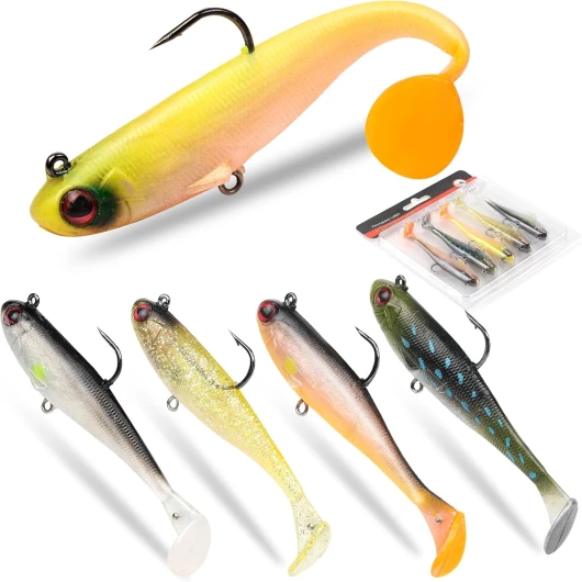 5 Pcs Soft Plastic Fishing Lures, 3.5In Paddle Tail Swimbaits with Pre-Rigged Jig Heads, Realistic Movement Easy Catch Fishing Lure, Fishing Baits for Freshwater Saltwater Bass Trout Baits