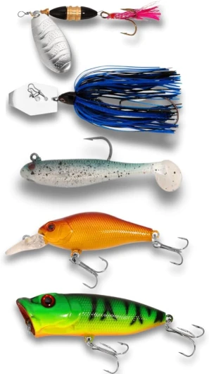 5pc Fishing Lure Set with Assorted Lures, TopWater, ChatterBait, Spinner, CrankBait, Soft Swim Jig, for Most Fishing Scenario's, Grab & Go Lure Box