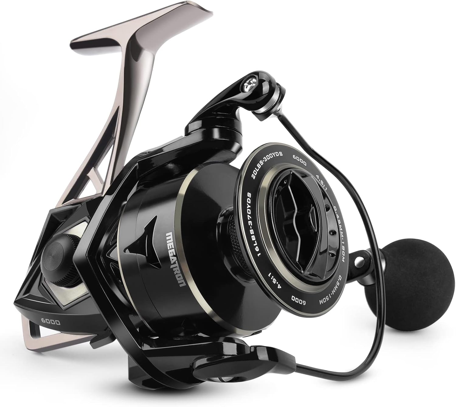Megatron Spinning Reel, Freshwater and Saltwater Spinning Fishing Reel, Rigid Aluminum Frame 7+1 Double-Shielded Stainless-Steel BB, Over 30 lbs - Carbon Drag, CNC Aluminum Spool & Handle 6000