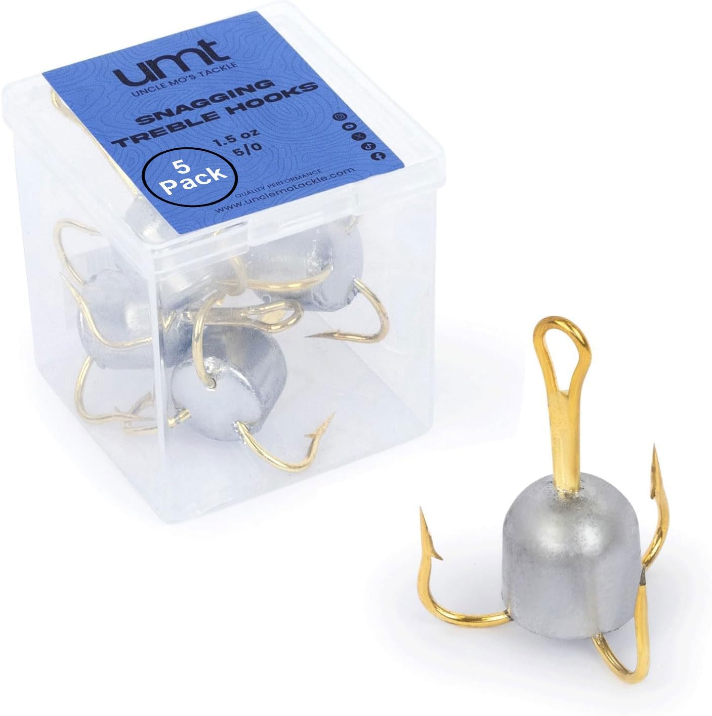 UMT Weighted 5/0 Treble Hooks (1.5oz) Perfect for Northeast Fisherman Snagging Bunker, Bait, Bass & Trout - 4X Strong - Available in 5 & 10 Pack Options