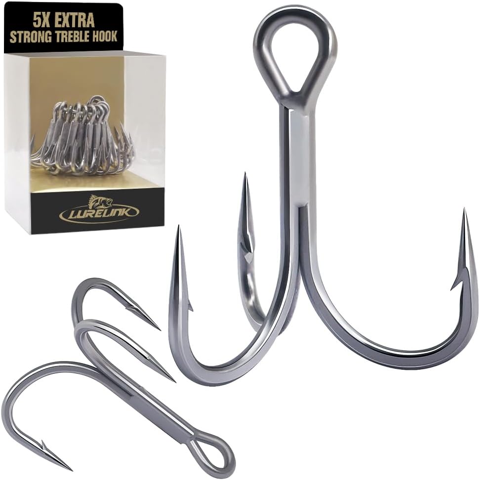 Fishing-Treble-Hooks-5X-Extra-Strong-Heavy-Duty Ultra Anti-Rust Bulk Hooks for Saltwater and Freshwater Fishing Sizes 5/0 to #8 5X Extra Strong 2/0 12-Pack