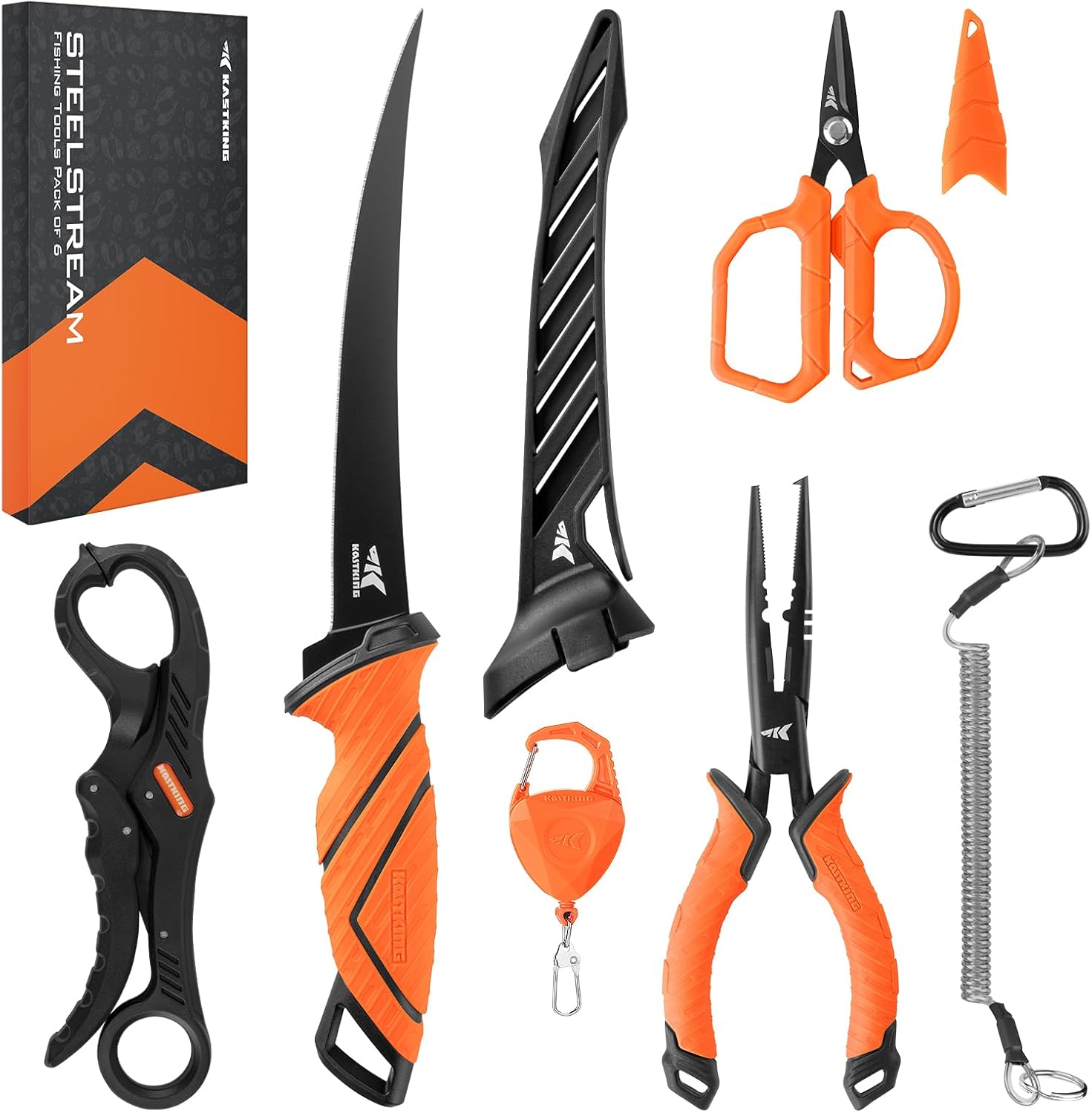 SteelStream 6pc Fishing Tool Kit - Corrosion Resistant Fishing Pliers with Lanyard, Fillet Knife, Floating Fish Lip Gripper, Fishing Braid Scissors, Tool Retractor, Fishing Gifts for Men