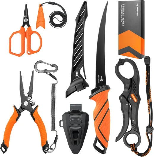 SteelStream Fishing Tool Set, Fishing Gear - Corrosion Resistant Fishing Pliers, Fillet Knife, Fishing Scissors, Fish Lip Gripper, Multi-Functional Jaw, Fishing Gifts for Men