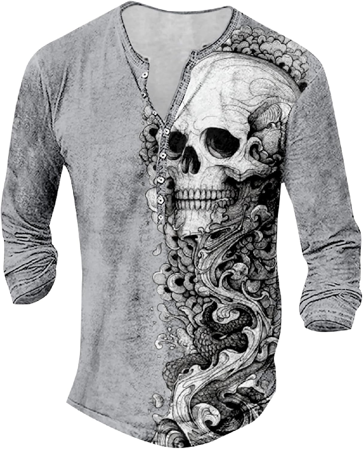 Mens Distressed Henley Shirts Retro Skull Wolf Graphic Long Sleeve Button V Neck T-Shirts Fall Washed Pullover Tops Skulls Dark Grey Large