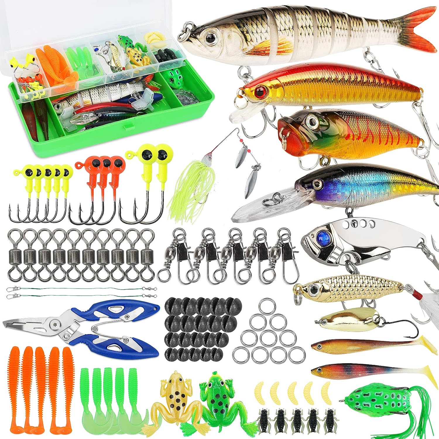 Fishing Lures Tackle Box Bass Kit, Including Animated Lure,Crankbaits,Spinnerbaits,Soft Plastic Worms, Topwater Lures,Hooks,Saltwater & Freshwater Fishing Gear for Bass,Trout, Salmon - 92pcs Fishing Tackle Box