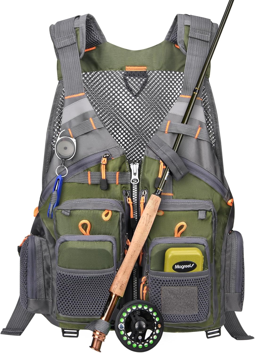 Fly Fishing Vest for Men Women, Comfortable Adjustable Fishing Vest with Multi-Pockets Reflective Stripes One Size Green+gray