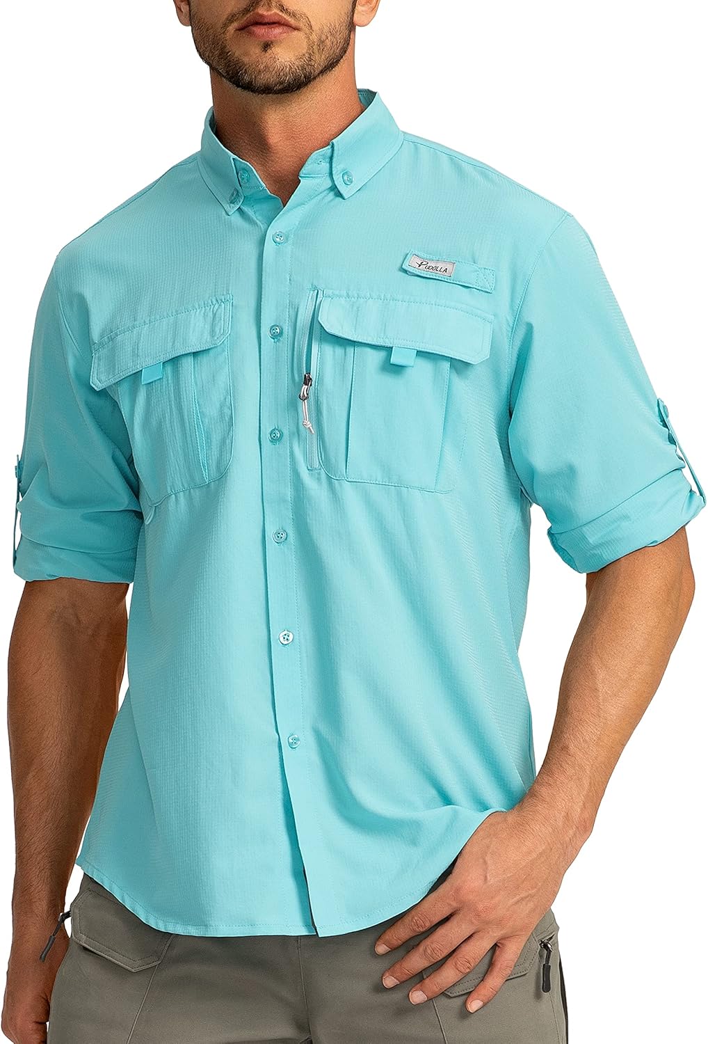 Men's Sun Protection Fishing Shirts Long Sleeve Travel Work Shirts for Men UPF50+ Button Down Shirts with Zipper Pockets Medium Waterfall