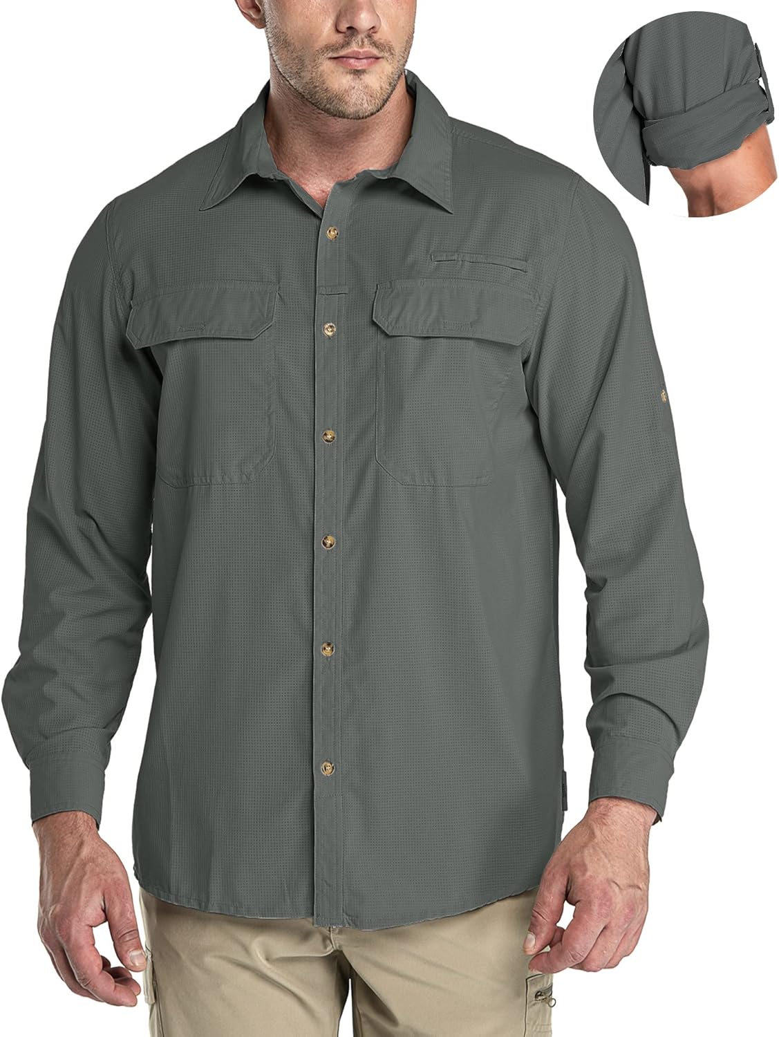 33,000ft Men's Long Sleeve Sun Protection Shirt UPF 50+ UV Quick Dry Cooling Fishing Shirts for Travel Safari Camping Hiking Large Shadow Grey