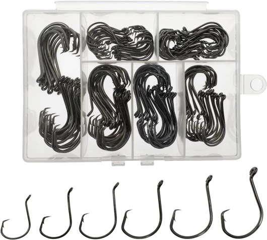 Fish Hooks for Fishing Gear Tackle, 150PCS Circle Hooks Saltwater, 6sizes Fishing Hooks Saltwater, Catfish Octopus Hook 1/0 2/0 3/0 4/0 5/0 6/0 Black High Carbon Steel with Portable Plastic Box