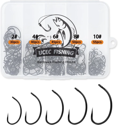 190/220/260PCS Barbless Fishing Hooks, Carp Hooks Circle Curve Shank Fly Tying Fishing Hook Tackle Kit for Freshwater Saltwater Hair Rig Trout Size: 2# 4# 6# 8# 10# 220PCS Gray