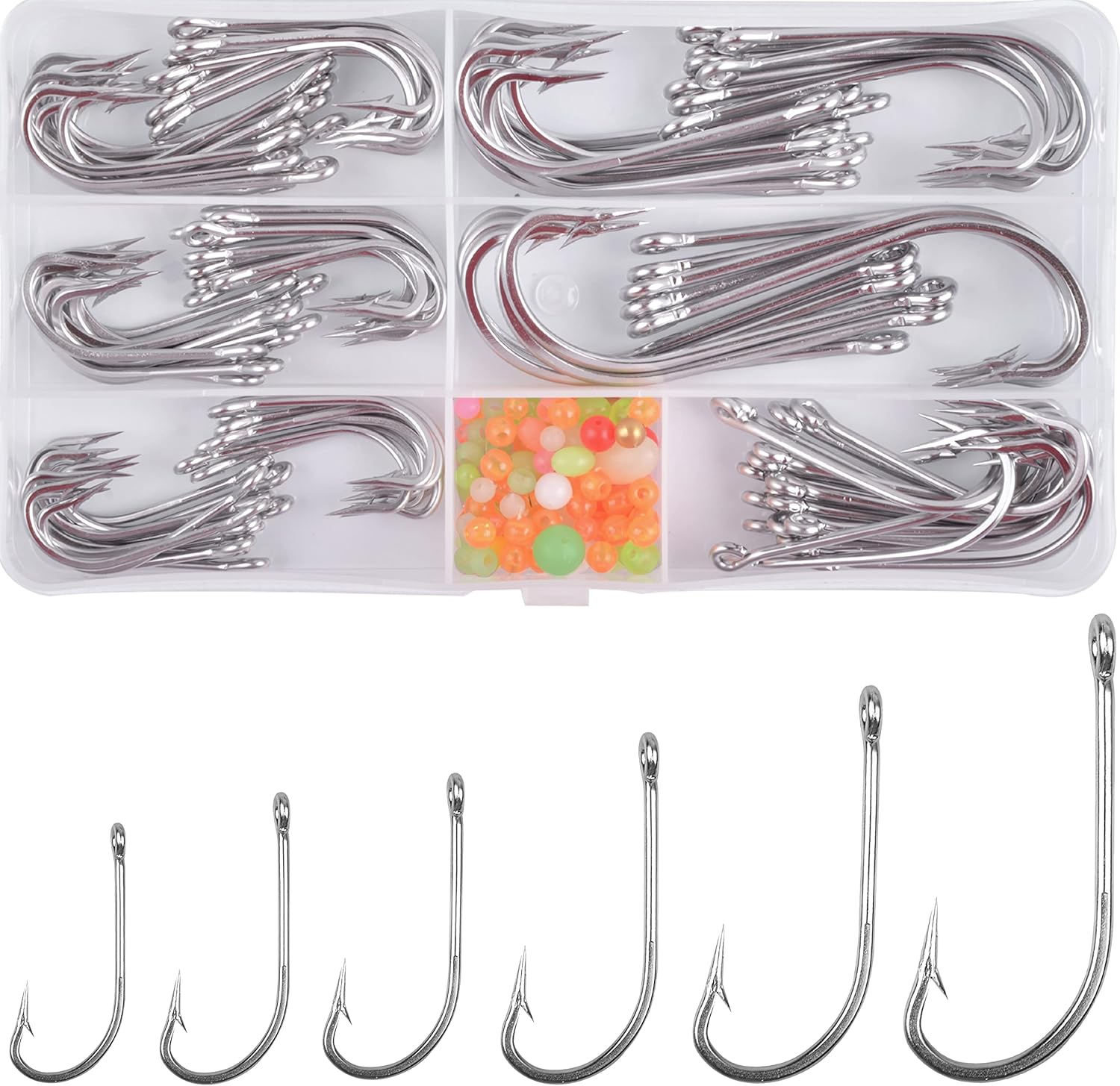 Saltwater J Hooks, 130pcs Stainless Steel O'Shaughnessy Long Shank Forged Trolling Hooks - Extra Strong With Fishing Beads for Saltwater and Freshwater Fishing