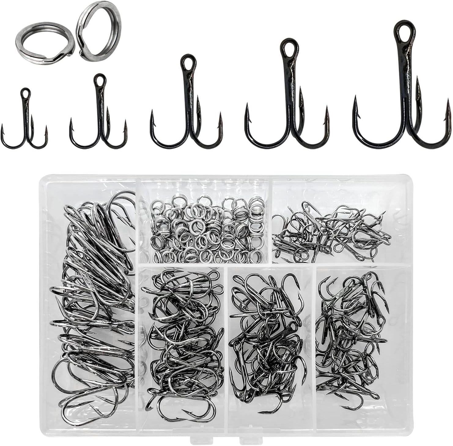 200 Pack Fishing Treble Hooks Kit High Carbon Steel Hooks Strong Sharp Round Bend with Split Rings for Lures Baits Saltwater Freshwater Fishing Size 2# 4# 6# 8# 10# Mixed 200pcs