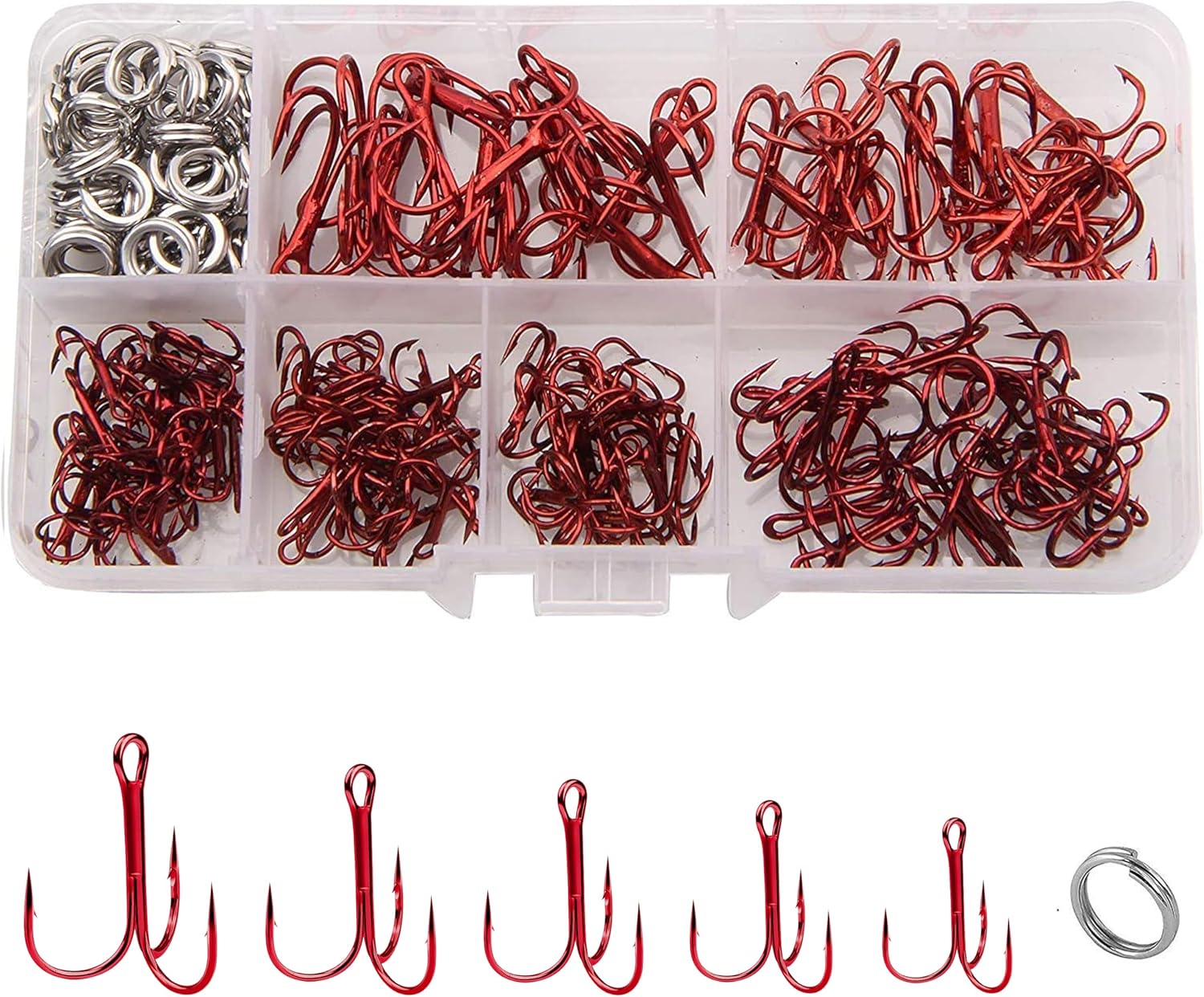 Fishing Treble Hooks Kit, Red Treble Hooks Sharp Round Bend High Carbon Steel Strong Barbed Fishing Hooks with Stainless Steel Split Rings for Lures Baits Catfish Bass Red 180pcs